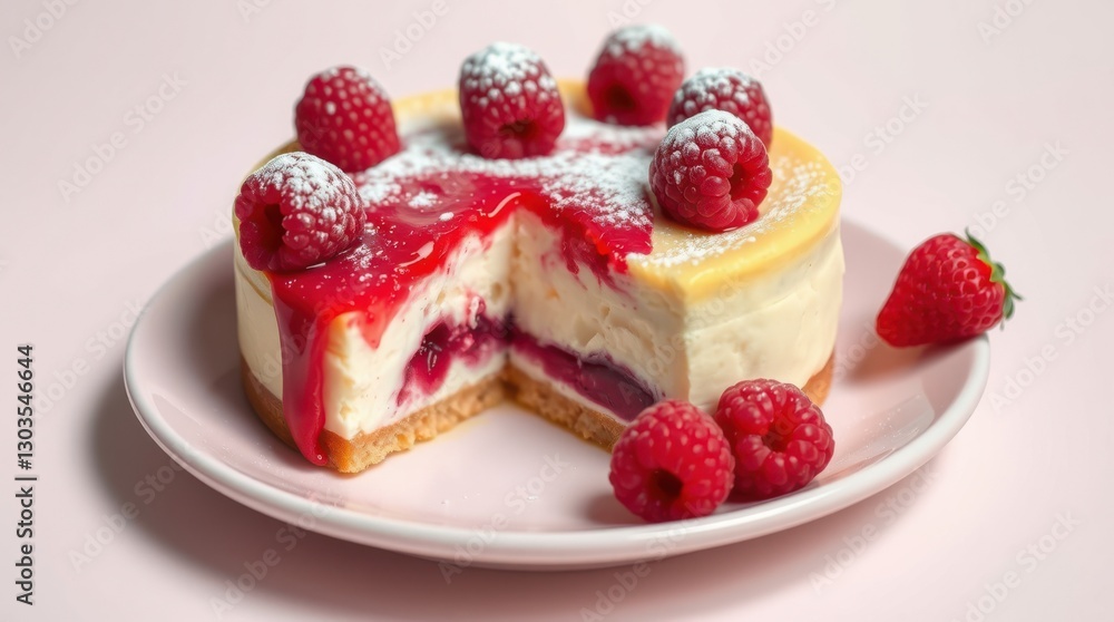 A vibrant cheesecake topped with raspberries and a sweet, red glaze, sitting on a pale pink plate. A vibrant cheesecake topped with raspberries and a sweet, red glaze, sitting on a pale pink plate.