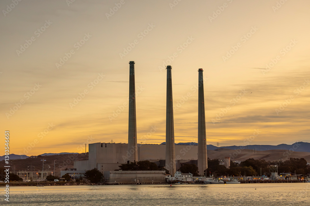 power plant at sunset