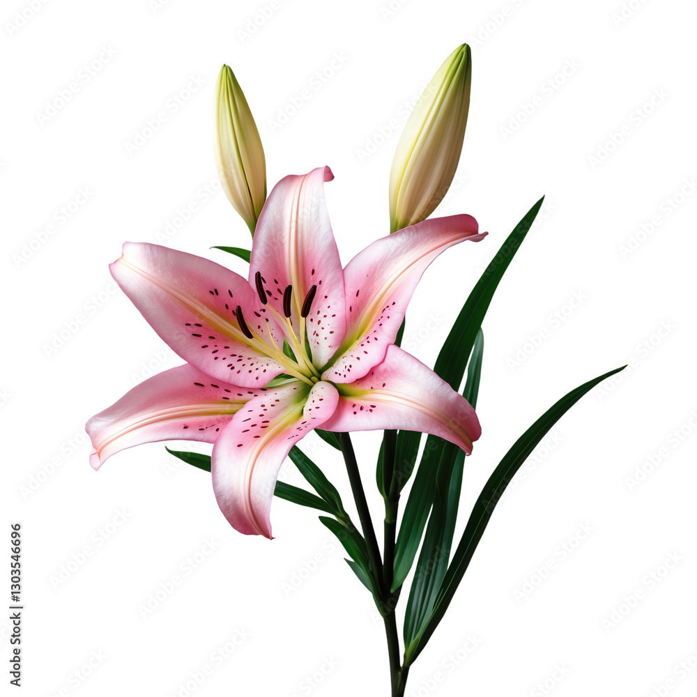Naklejka premium Beautiful Stargazer Lily with Green Leaves, Isolated on Transparent Background.