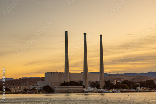 power plant at sunset