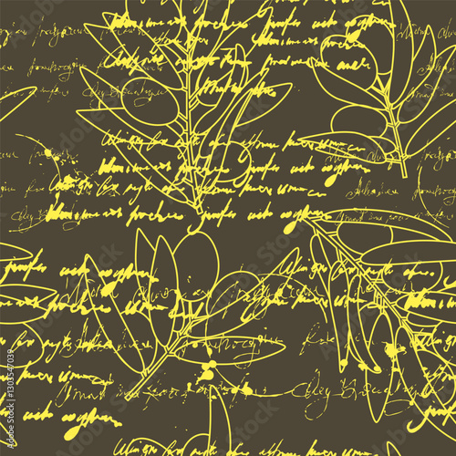 Seamless pattern olives branch, unreadable text, retro vintage
