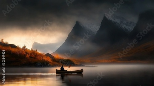   A person in a boat on a body of water surrounded by mountains and shrouded in fog