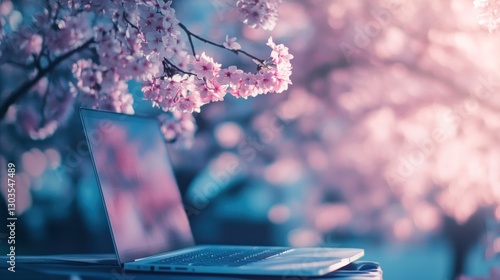 Laptop surrounded by the beauty of spring blossoms creating a serene workspace ambiance