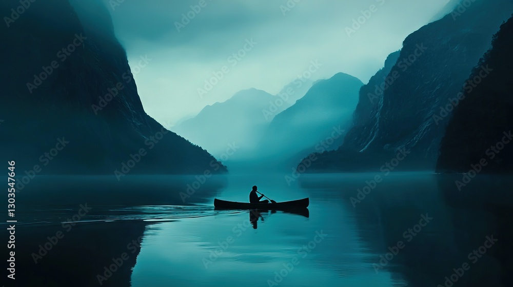 Fototapeta premium Person in boat on lake amidst mountains and foggy air