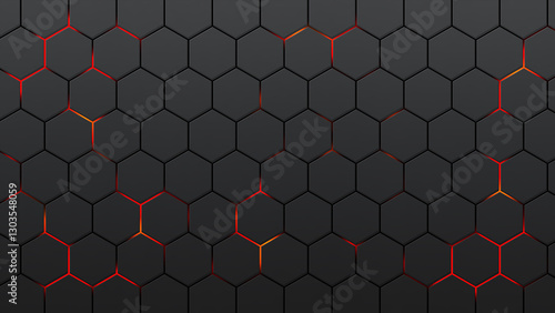 black hexagons with red glow. Black background of honeycombs and red lava. Pattern of geometric figure. Background of figures with six sides of red-hot magma. Grid sestet. Wall polygon.
