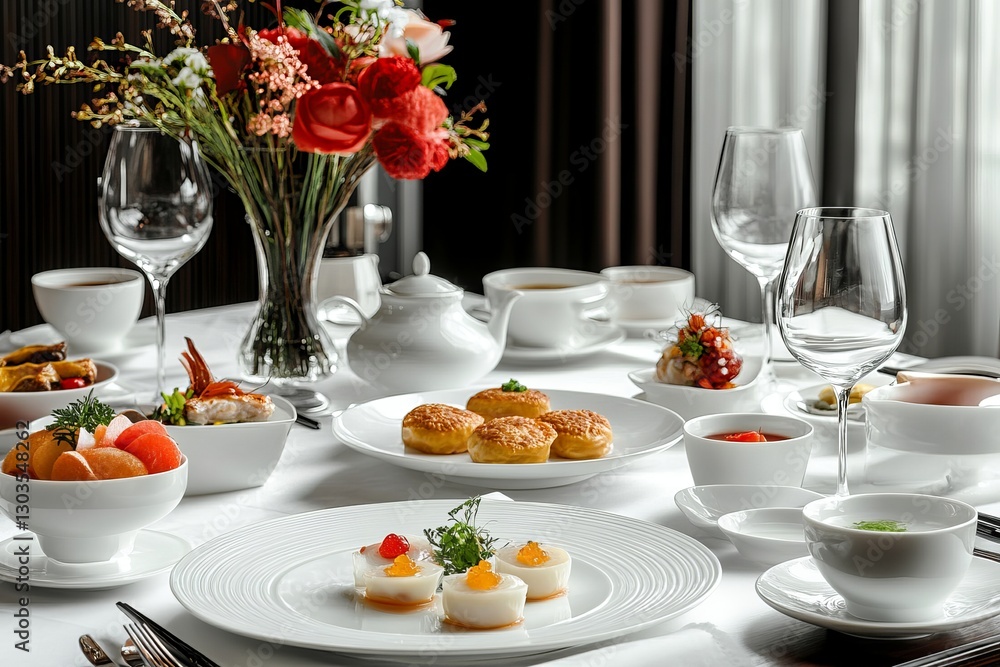 Elegant Fine Dining Restaurant Table Setting Delicious Food Dishes Gourmet Cuisine White Plates Luxury Dinner Party Exquisite Meal Presentation High Elegant Fine Dining Restaurant Table Setting Delicious Food Dishes Gourmet Cuisine White Plates Luxury Dinner Party Exquisite Meal Presentation High