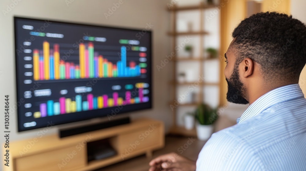 Businessman watching stock market charts on television at home Businessman watching stock market charts on television at home