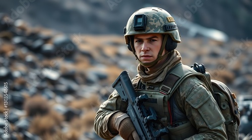 A soldier in tactical gear stands confidently in a rugged outdoor environment, showcasing readiness and determination for military operations.   