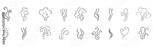 Steam smoke hand drawn line comic doodle. Aroma trail, cloud or wind silhouette. Smells hot air fragrance evaporate set. 