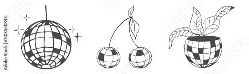 Disco ball doodle line tattoo y2k coquette trendy groovy decoration. Retro dance party line hand drawn design elements. Disco ball with stars, sketch