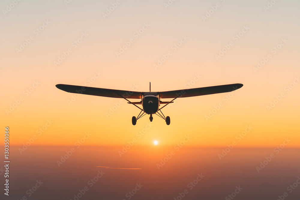 Fototapeta premium Airplane flying towards the sunset, silhouetted against a vibrant sky. The aircraft is positioned center frame, heading directly towards the viewer.