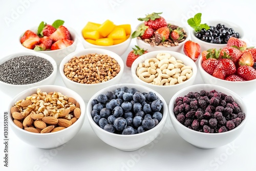 Healthy Food Bowls Superfoods Mix Nutrition Breakfast Berries Nuts Seeds Grains Almonds Walnuts Cashews Chia Seeds Buckwheat Mango Strawberries        photo