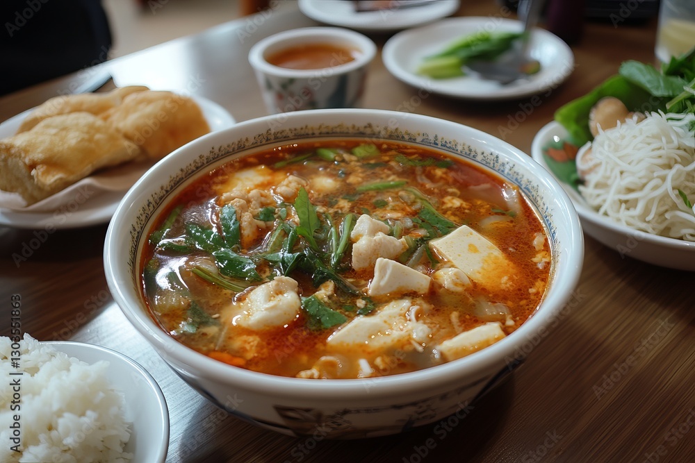 Spicy Tofu Soup Bowl Asian Cuisine Restaurant Food Delicious Hot Broth Savory Flavorful Dinner Meal Authentic Recipe Healthy Eating Fresh Ingredients Spicy Tofu Soup Bowl Asian Cuisine Restaurant Food Delicious Hot Broth Savory Flavorful Dinner Meal Authentic Recipe Healthy Eating Fresh Ingredients