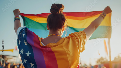 Person Holding Both the Rainbow Flag and American Flag Together, Representing LGBTQ+ Support and Pride Month Celebration in the United States