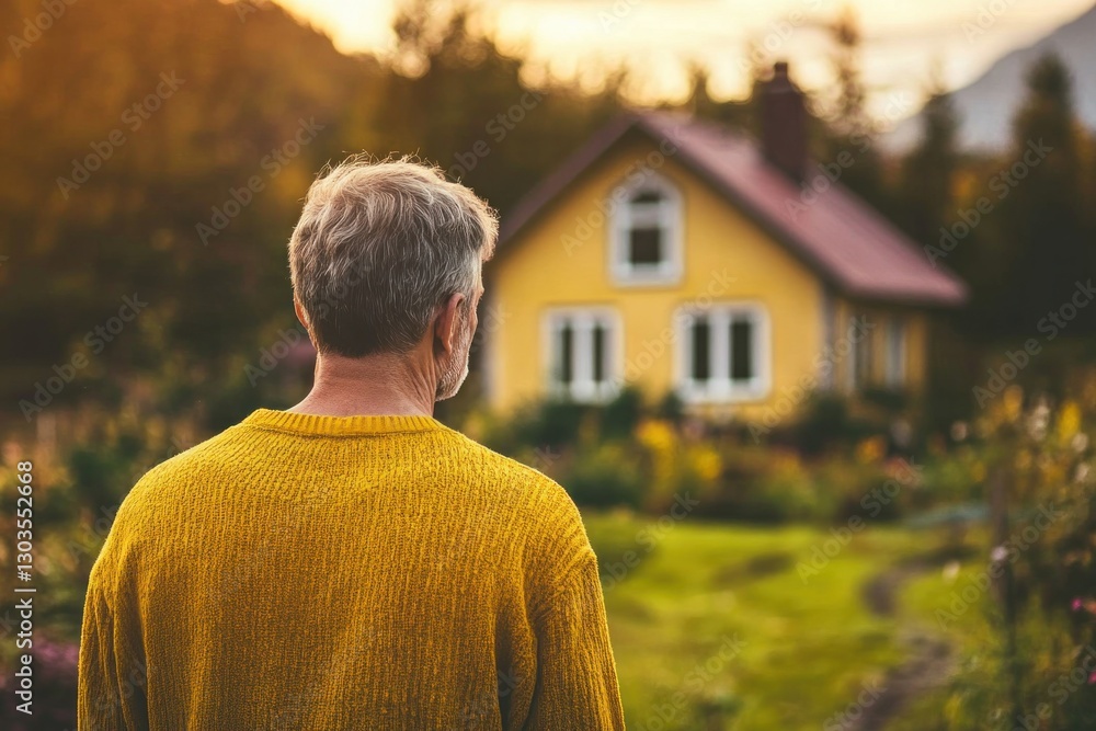 A man stands thoughtfully at a distance, looking at his childhood home surrounded by nature's beauty during the warm glow of sunset A man stands thoughtfully at a distance, looking at his childhood home surrounded by nature's beauty during the warm glow of sunset