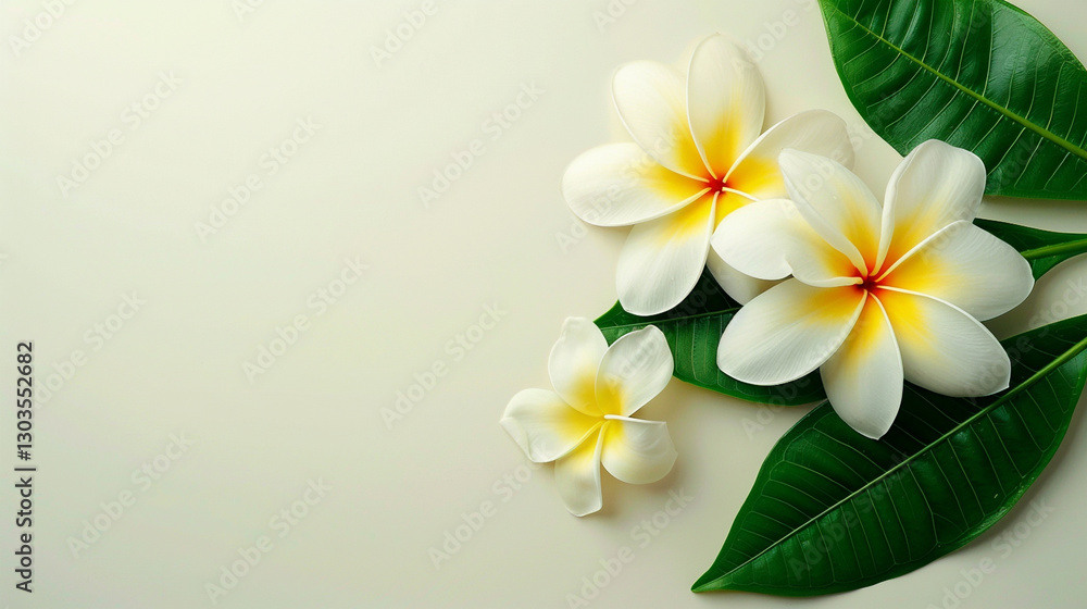 Obraz premium Beautiful white plumeria flowers with green leaves arranged on a light background
