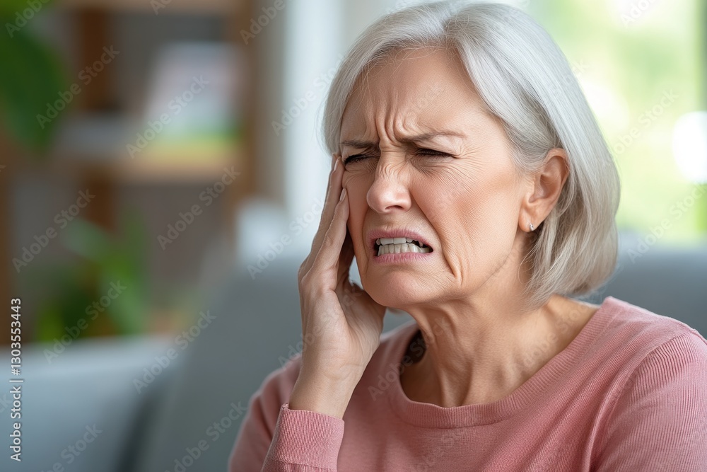An elderly woman touches her cheek while grimacing painfully, clearly suffering from a toothache or jaw discomfort at home An elderly woman touches her cheek while grimacing painfully, clearly suffering from a toothache or jaw discomfort at home