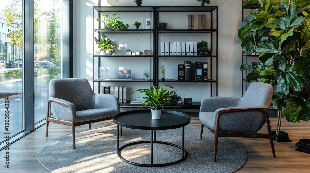 Fototapeta premium Modern office waiting area with plants and bookshelves