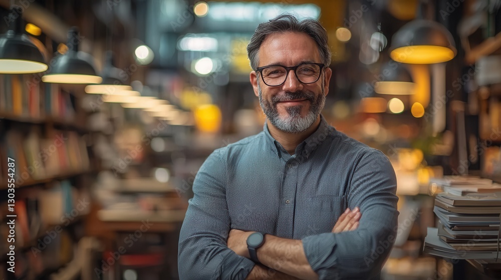 Charismatic bookstore owner smiling with crossed arms in a bookstore Charismatic bookstore owner smiling with crossed arms in a bookstore