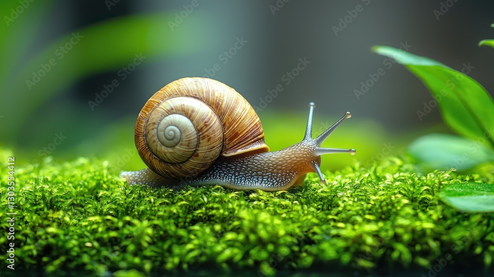 Snail on moss in garden, slow movement, lush foliage Snail on moss in garden, slow movement, lush foliage