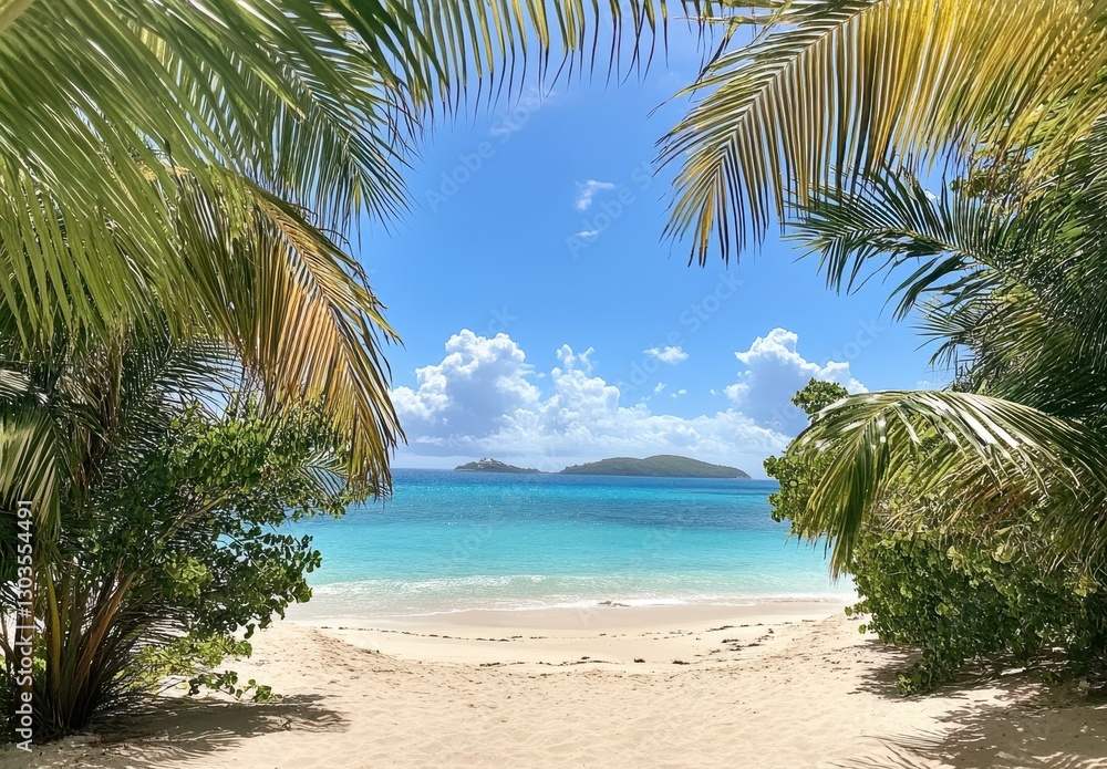 Fototapeta premium Serene Tropical Beach Scene Framed by Lush Green Palm Leaves Under a Bright Blue Sky with Puffy White Clouds and Gentle Azure Waters