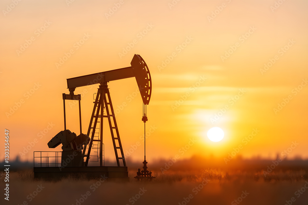 Silhouette of an oil pump jack at sunset, a symbol of energy production against a bright orange sky. Industrial landscape at dusk. Silhouette of an oil pump jack at sunset, a symbol of energy production against a bright orange sky. Industrial landscape at dusk.