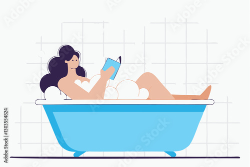 Young woman taking bath and reading book, vector illustration, relaxing moment, self-care time