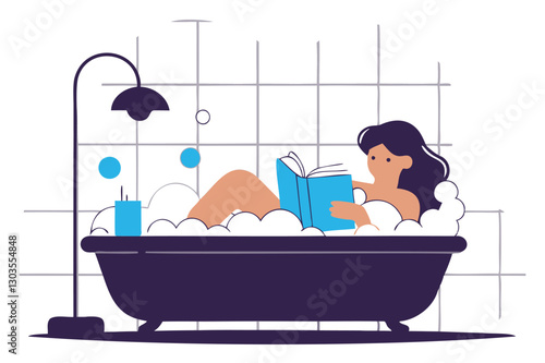 Young woman taking bath and reading book, vector illustration, relaxing moment, self-care time