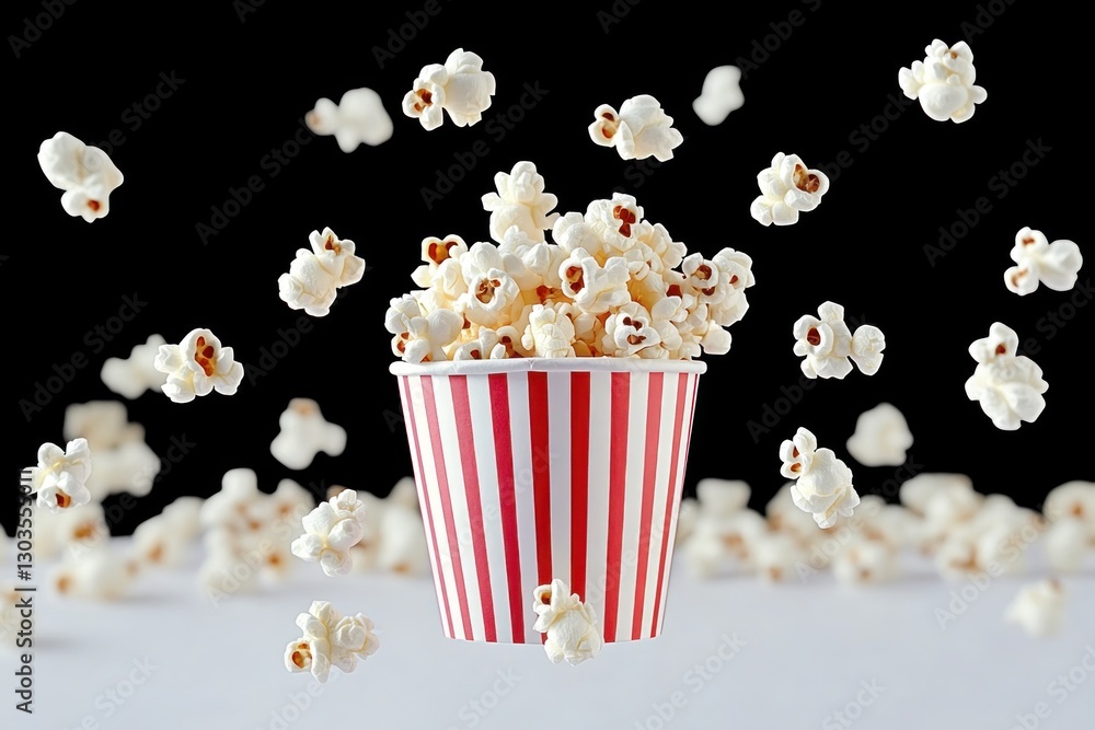Popcorn is flying out of a red and white striped cup, creating a dynamic and playful display against a clean white background Popcorn is flying out of a red and white striped cup, creating a dynamic and playful display against a clean white background