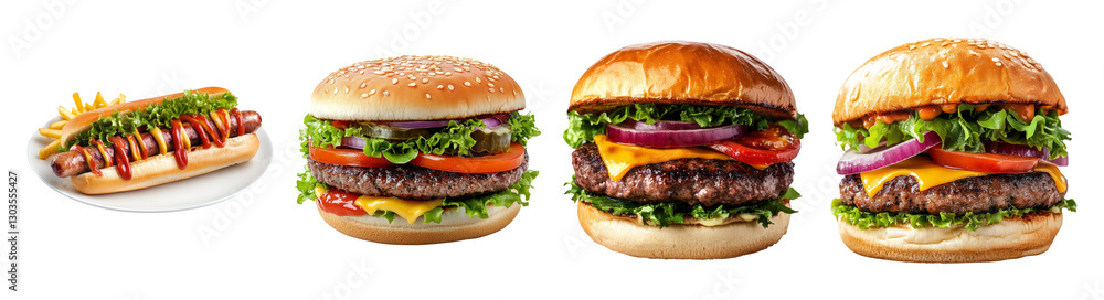 Delicious Fast Food Selection Featuring Burgers and Hot Dog, PNG bundle collection, Isolated on Transparent Background Delicious Fast Food Selection Featuring Burgers and Hot Dog, PNG bundle collection, Isolated on Transparent Background