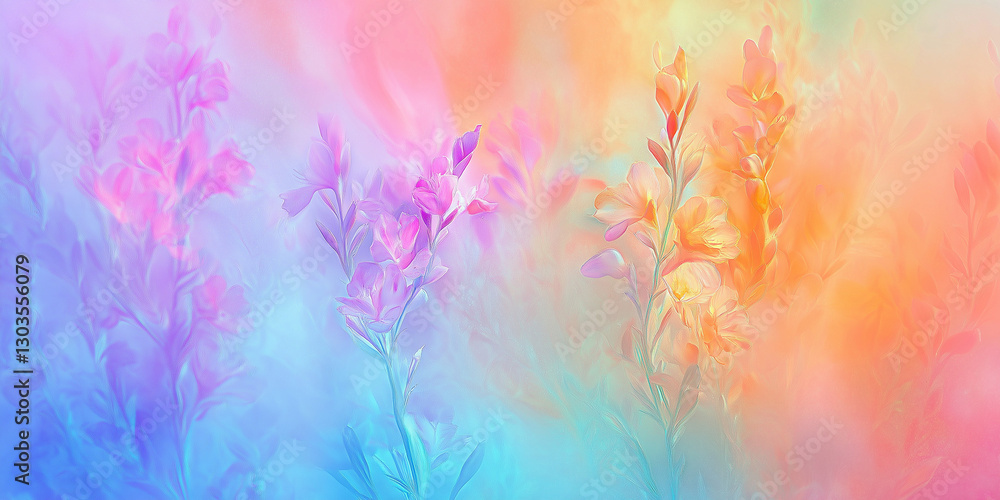 Obraz premium Vibrant pastel graceful easy airy magic flower botanical banner. Beautiful nature spring summer background for cosmetics, spa, perfume, beauty salon, florist shop.