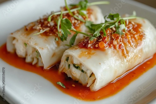 Delicious Steamed Rice Rolls Savory Spring Rolls Asian Cuisine Spicy Sauce Garnish Sesame Seeds Cilantro Fresh Herbs Tasty Food Photography Restaurant photo