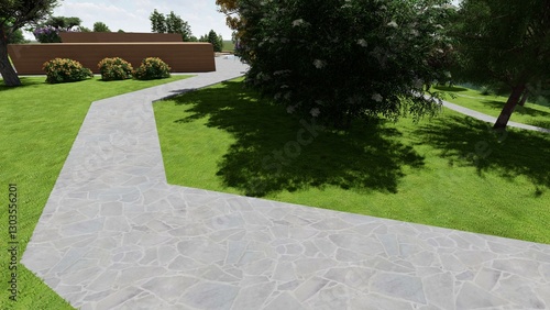 3d image of the landscape design of the home territory. Landscaping of the territory. Computer visualization of composite landscaping and landscaping solutions.