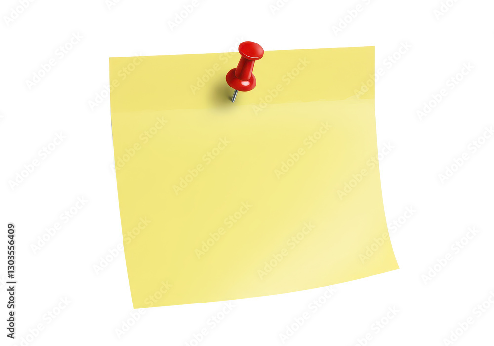 A yellow sticky note pinned with a round red pushpin at the top isolated on transparent background A yellow sticky note pinned with a round red pushpin at the top isolated on transparent background