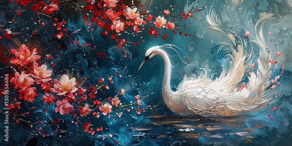 Naklejka premium oil painting style illustration, white crane bird with red cherry flower 