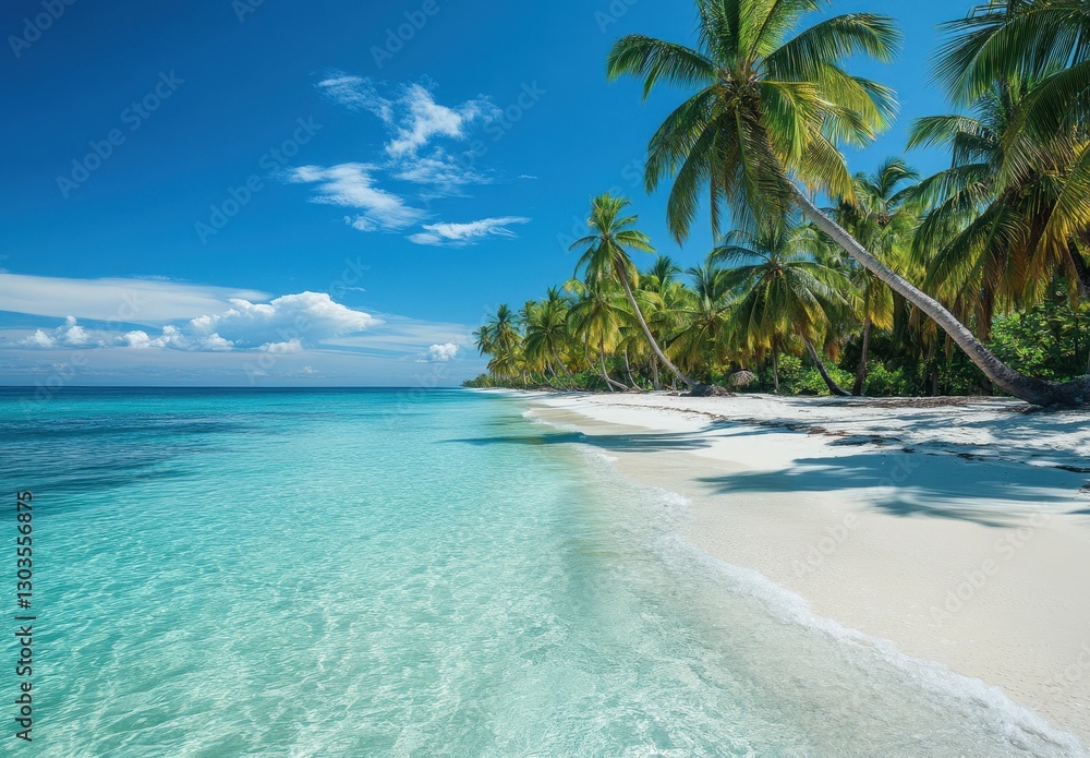 Fototapeta premium Serene Tropical Beach with Crystal Clear Water and Lush Palm Trees Under a Bright Blue Sky Perfect for Relaxation and Escape from Daily Life