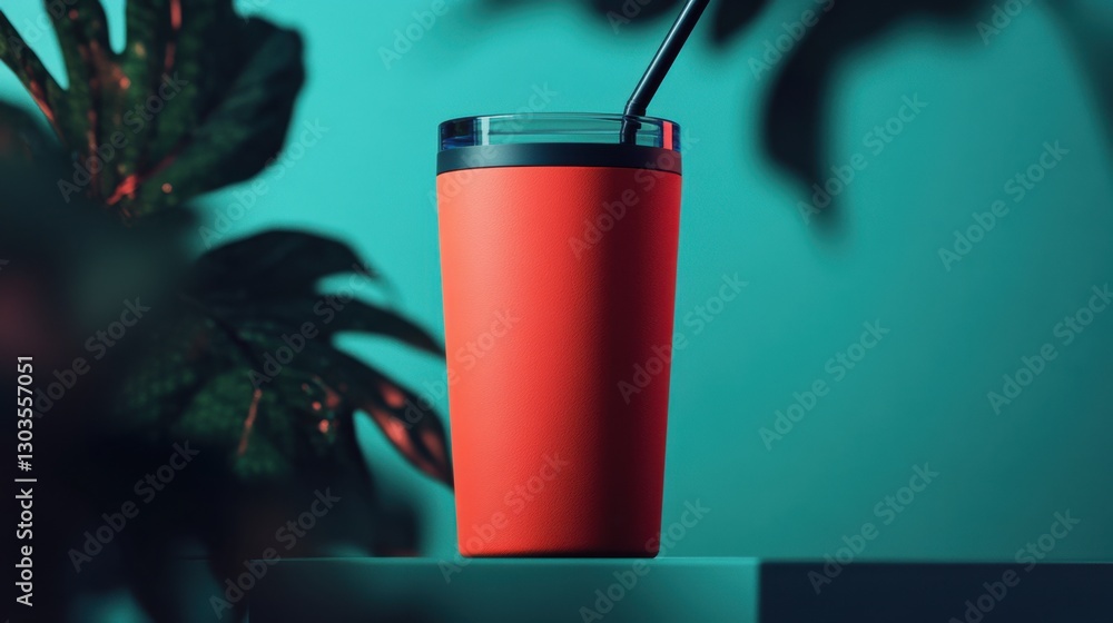 Red tumbler with a straw for cold drinks and beverages on a turquoise background Red tumbler with a straw for cold drinks and beverages on a turquoise background
