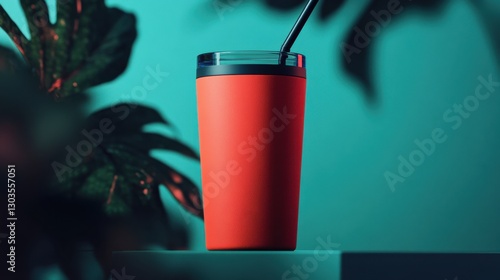 Red tumbler with a straw for cold drinks and beverages on a turquoise background