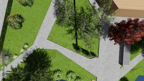 3d image of the landscape design of the home territory. Landscaping of the territory. Computer visualization of composite landscaping and landscaping solutions.