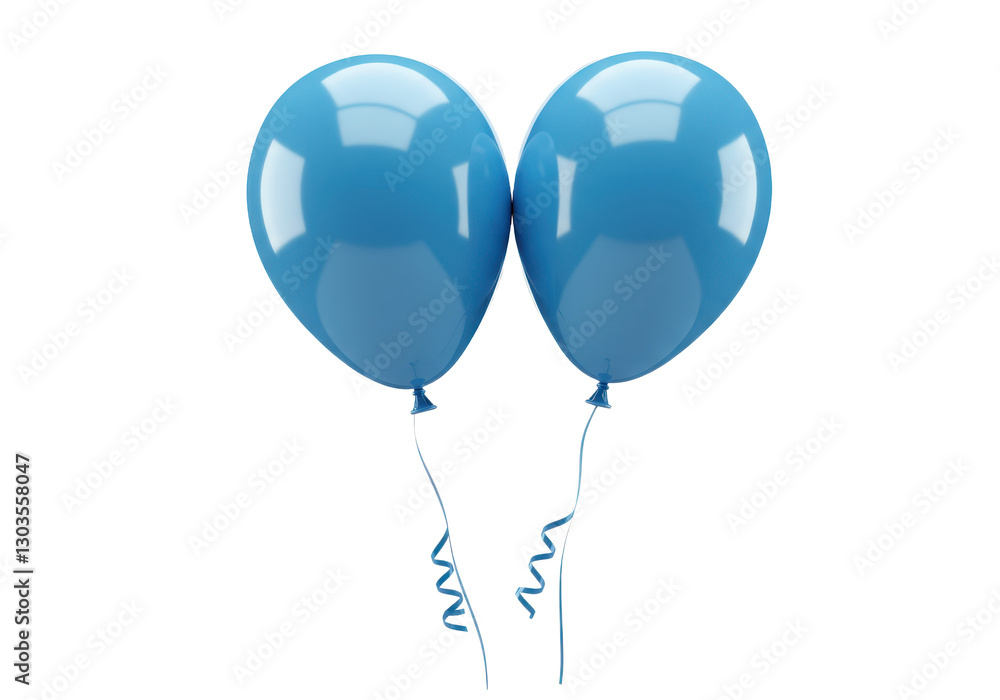 A pair of floating helium filled blue balloons tied with thin curling ribbons at the bottom isolated on transparent background A pair of floating helium filled blue balloons tied with thin curling ribbons at the bottom isolated on transparent background