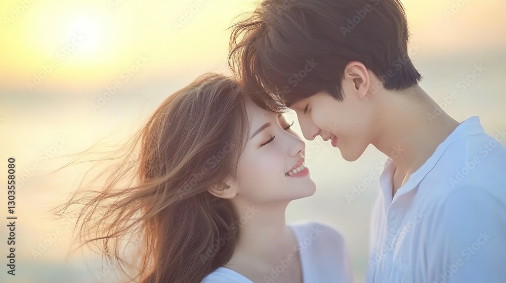 A stunning scene of young Japanese couple embracing on a sunlit beach, romantic scene leaning for kiss at beach A stunning scene of young Japanese couple embracing on a sunlit beach, romantic scene leaning for kiss at beach
