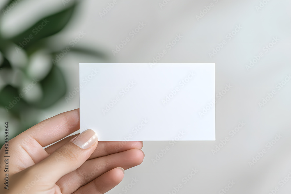Obraz premium Person holding a clean, white card against a neutral backdrop. The card is centered in the frame with subtle green leaves in the background