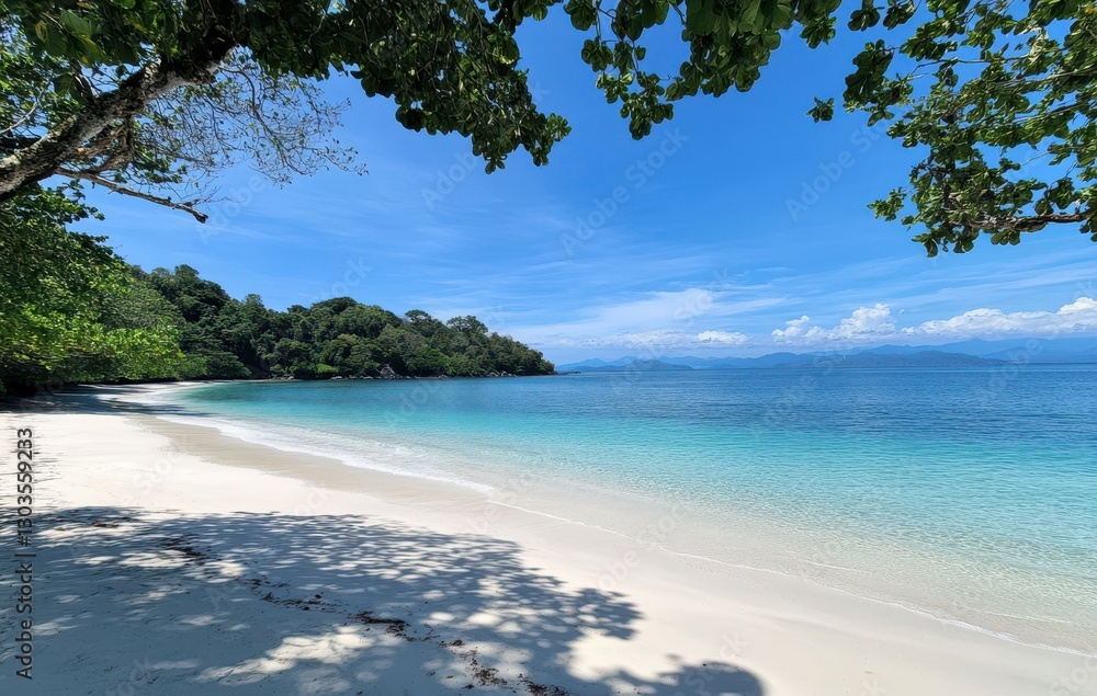 Fototapeta premium Serene Tropical Beach with Turquoise Water and Lush Greenery Under Bright Blue Sky and Fragrant Trees Casting Gentle Shadows