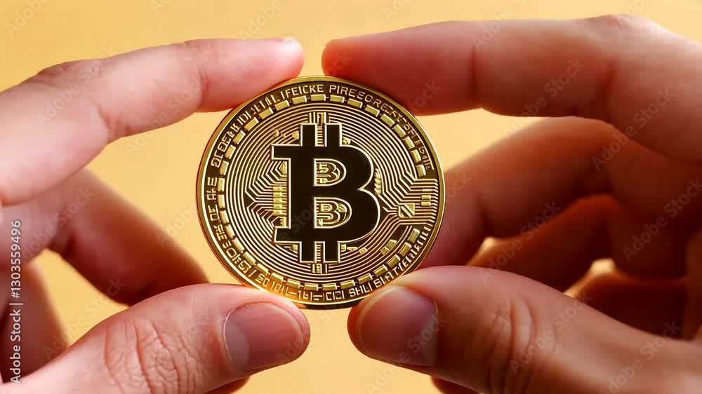 Close-up of a person holding a shiny gold Bitcoin against a soft yellow background Close-up of a person holding a shiny gold Bitcoin against a soft yellow background