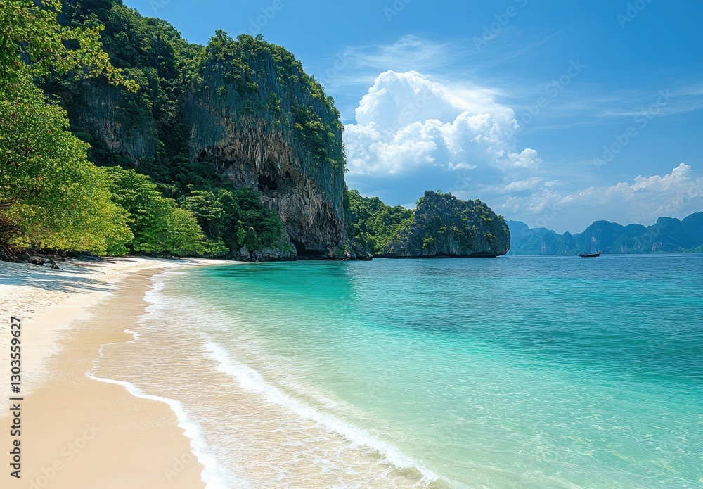 Fototapeta premium Serene Tropical Landscape with Crystal Clear Water, Lush Green Mountains, and White Sandy Beach in a Beautiful Paradise Setting