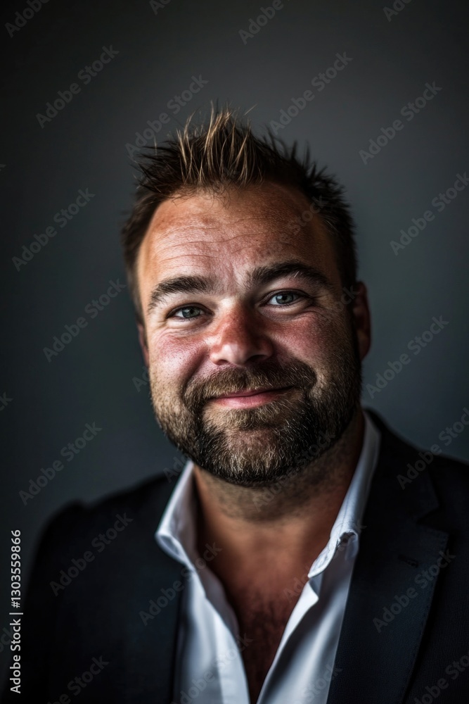 Fototapeta premium Smiling caucasian male adult in suit against dark background