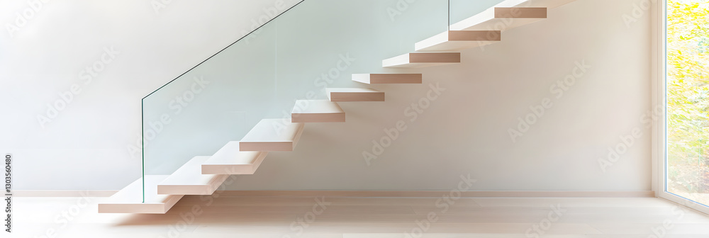 Modern floating staircase with glass railing, minimalist design, light wood treads, white wall. Simple, elegant architectural detail. Interior design. Modern floating staircase with glass railing, minimalist design, light wood treads, white wall. Simple, elegant architectural detail. Interior design.