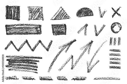 Charcoal pencil hand drawing geometrical shapes, arrows, lines, zig zag. Black elements on white background. Grunge chalk crayon scribbles doodles textures. Rough crayon strokes. Vector illustration.