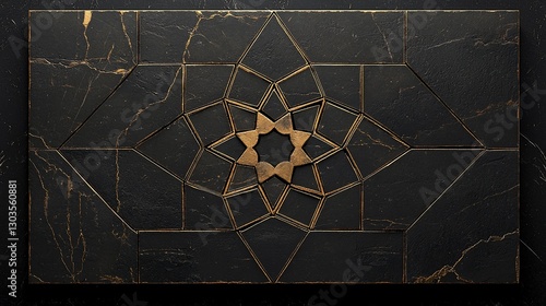 Dark marble tile with gold geometric star pattern.