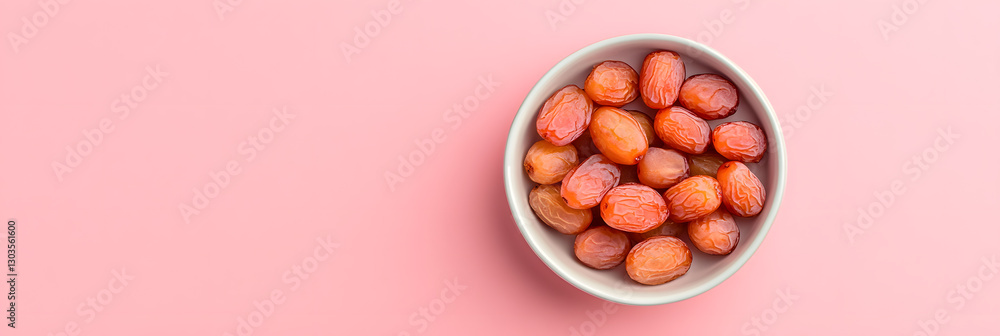 Bowl of Dates: A simple, eye-level still life of a white bowl filled with juicy, reddish-brown dates, set against a minimalist pink background. Bowl of Dates: A simple, eye-level still life of a white bowl filled with juicy, reddish-brown dates, set against a minimalist pink background.
